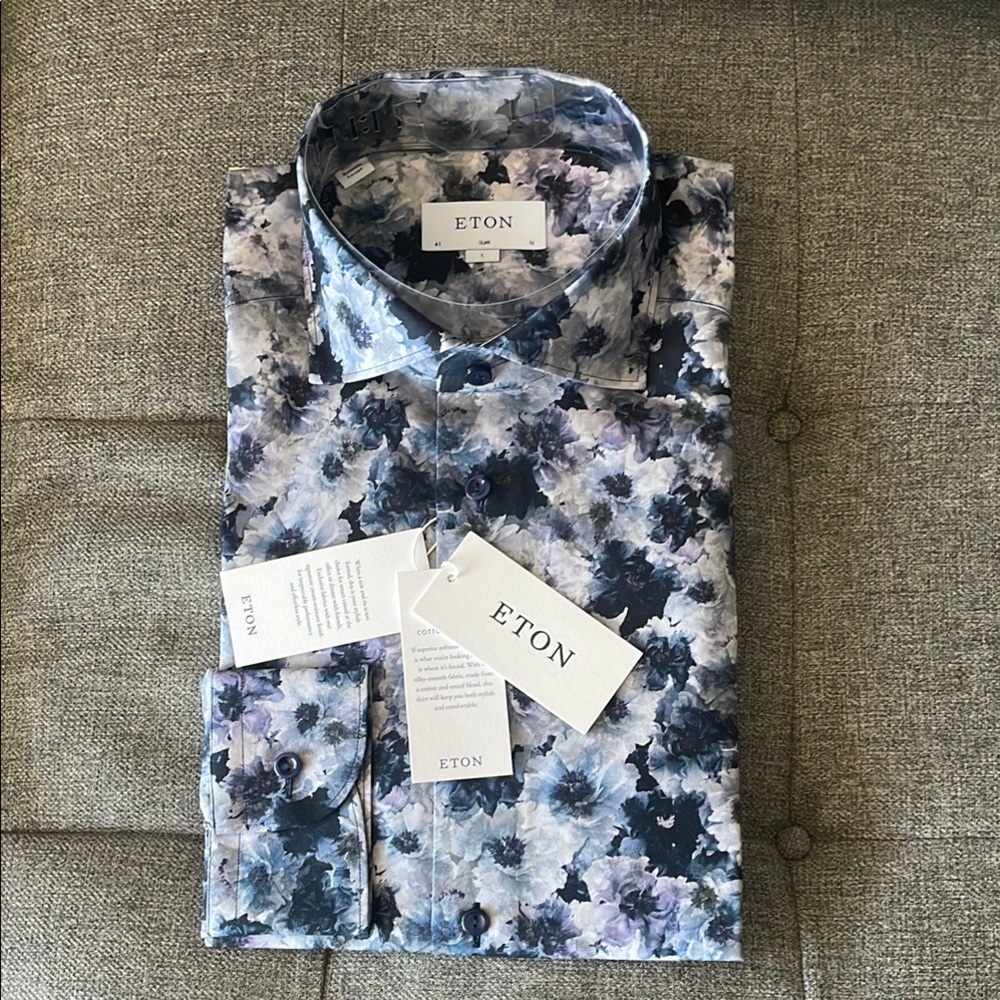 ETON Slim Fit 41/16 Purple Floral Cotton Lyocell Spread Collar Dress Shirt NWT